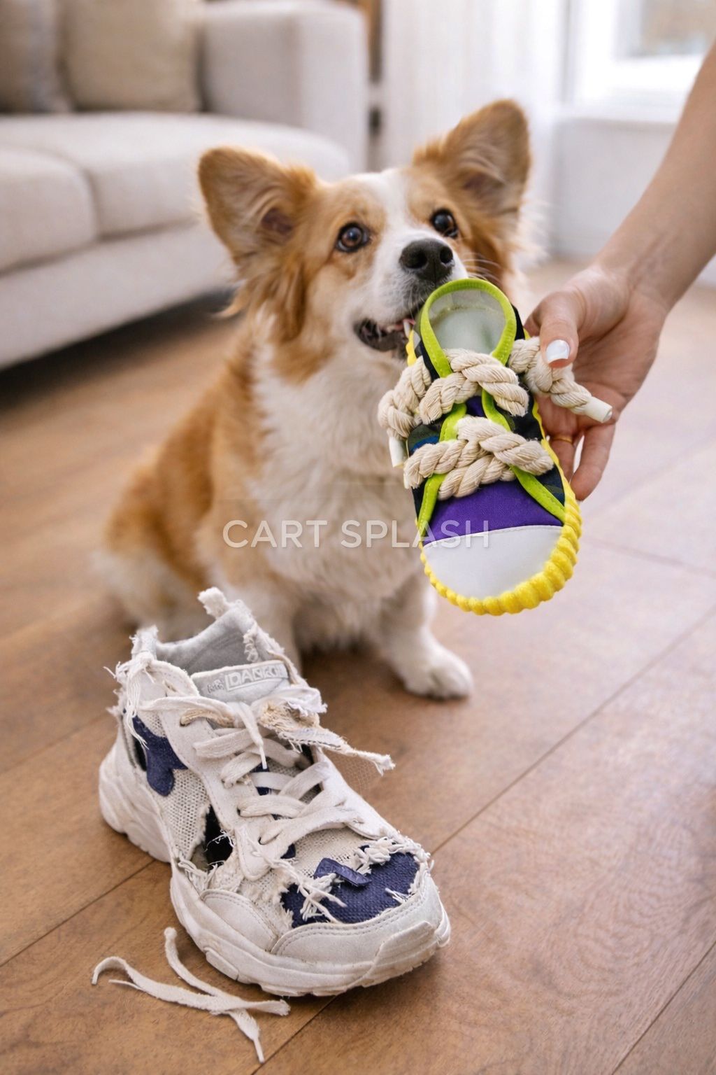 Single Dog Sneaker Chew Toy with Knotted Rope & built in interactive Squeaker