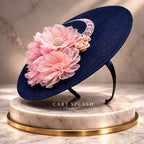 Luxury Navy Blue Fascinator Hat with Blush Pink Flowers