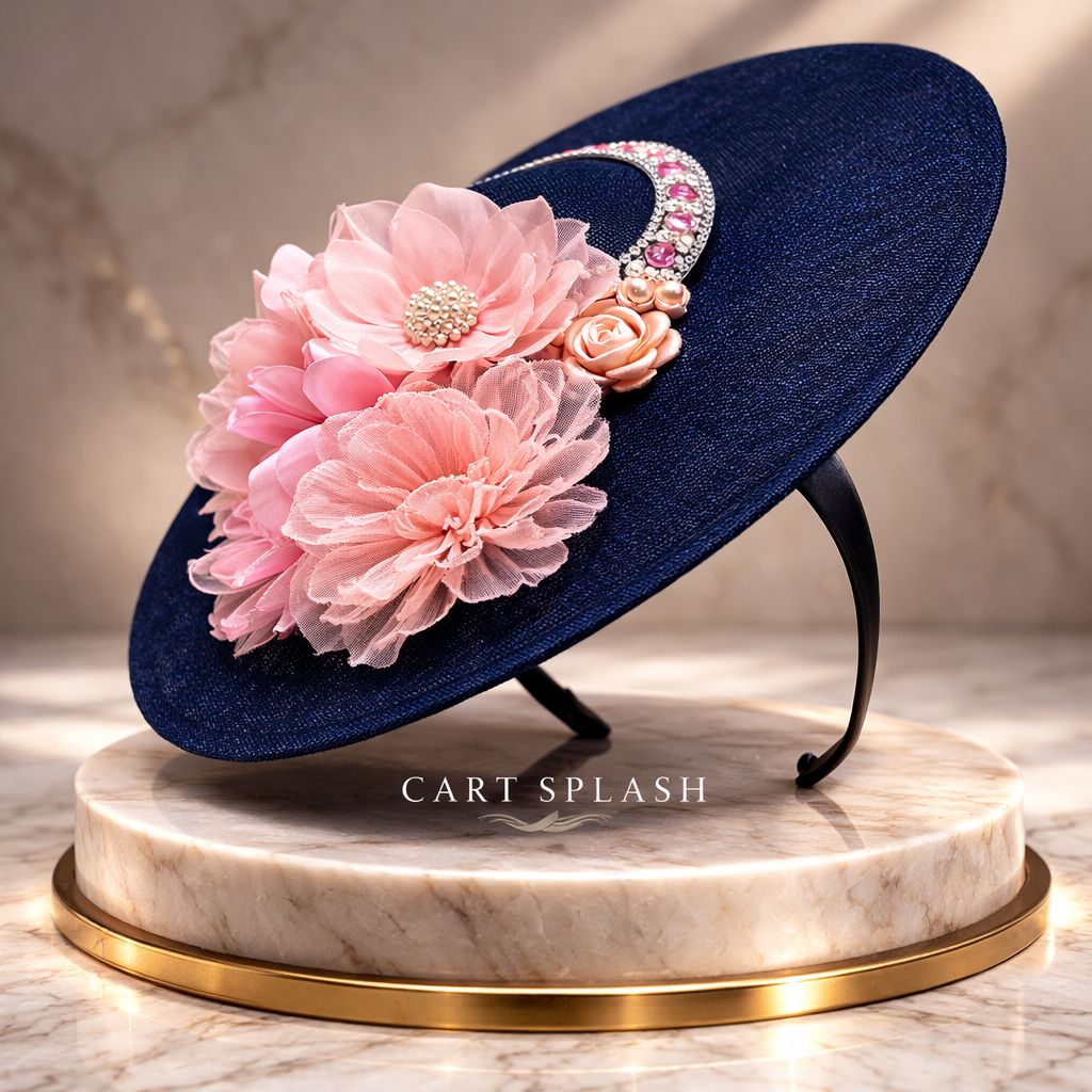 Luxury Navy Blue Fascinator Hat with Blush Pink Flowers