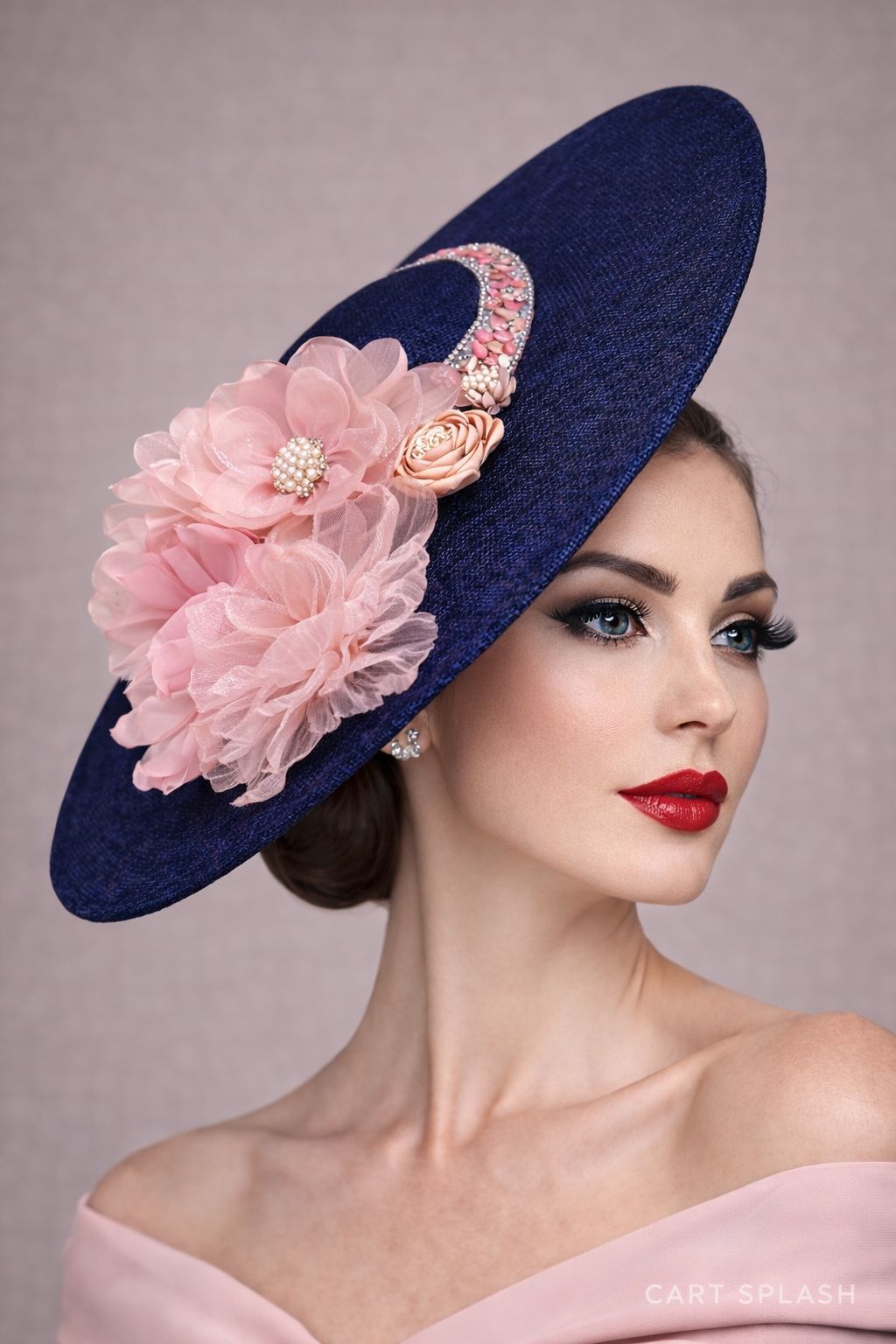 Luxury Navy Blue Fascinator Hat with Blush Pink Flowers
