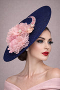 Luxury Navy Blue Fascinator Hat with Blush Pink Flowers