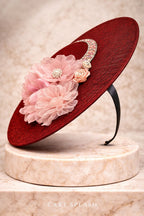 Luxury Burgundy Fascinator Hat with Blush Pink Flowers