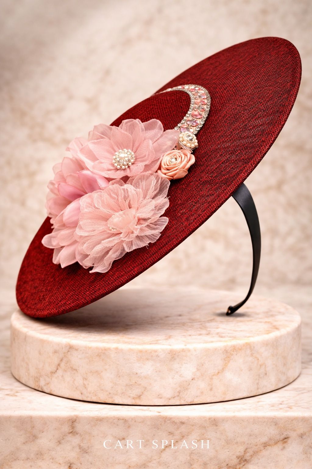 Luxury Burgundy Fascinator Hat with Blush Pink Flowers