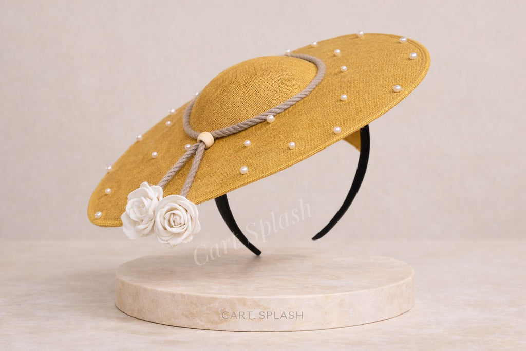 Elegant Gold Pearl Wide-Brim Fascinator Hat – Luxury fascinator for weddings, raceday, church, special occasions.