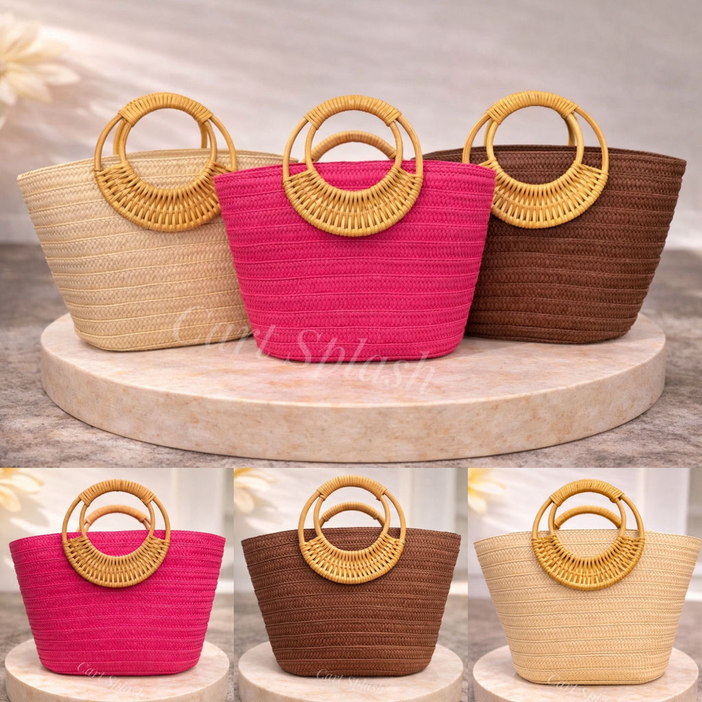 A Stylish and Casual Summer Vacation-style Large- capacity Solid-color Woven Paper Product with a Round Wooden Handle.