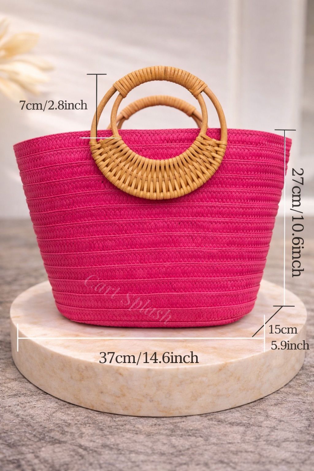 A Stylish and Casual Summer Vacation-style Large- capacity Solid-color Woven Paper Product with a Round Wooden Handle.