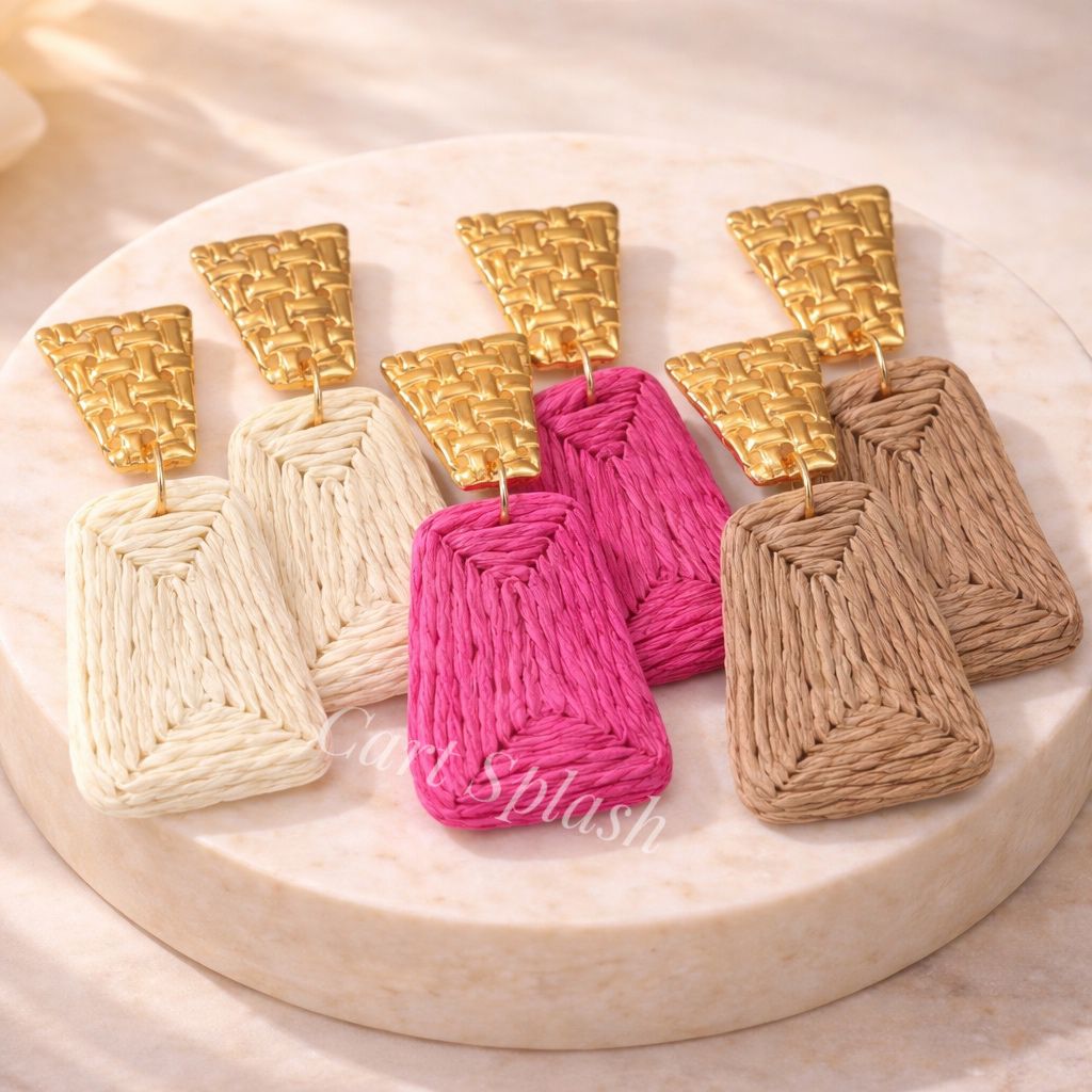 A Pair of Bohemian Holiday Style Hand-Woven Raffia Earrings Fashionable.