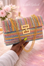 Fashion Trendy Colorful Striped Pattern Shoulder Bag with Multiple Compartments Bohemian-Style Woven Design Chain Strap Classic Square Shape