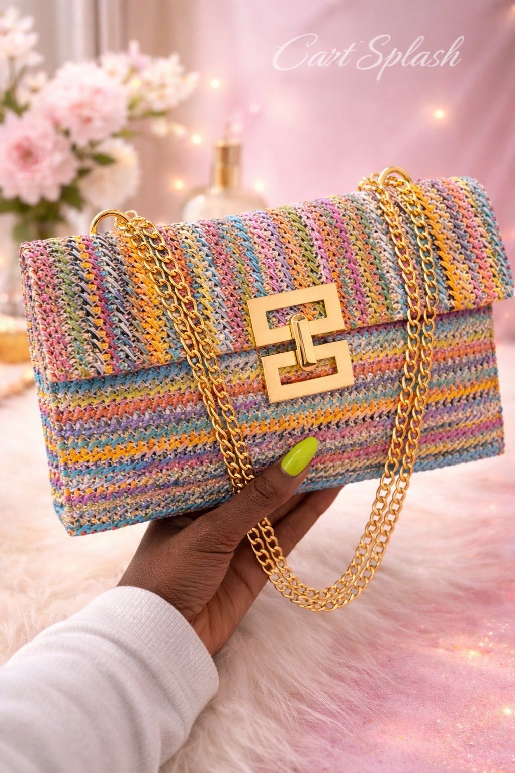 Fashion Trendy Colorful Striped Pattern Shoulder Bag with Multiple Compartments Bohemian-Style Woven Design Chain Strap Classic Square Shape