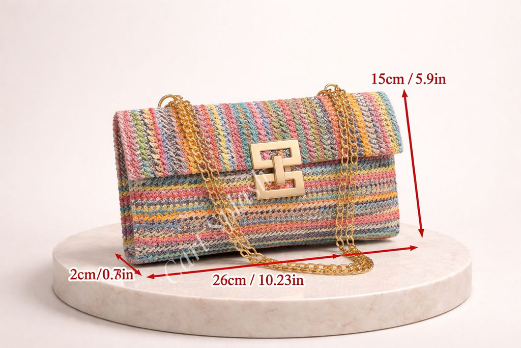 Fashion Trendy Colorful Striped Pattern Shoulder Bag with Multiple Compartments Bohemian-Style Woven Design Chain Strap Classic Square Shape