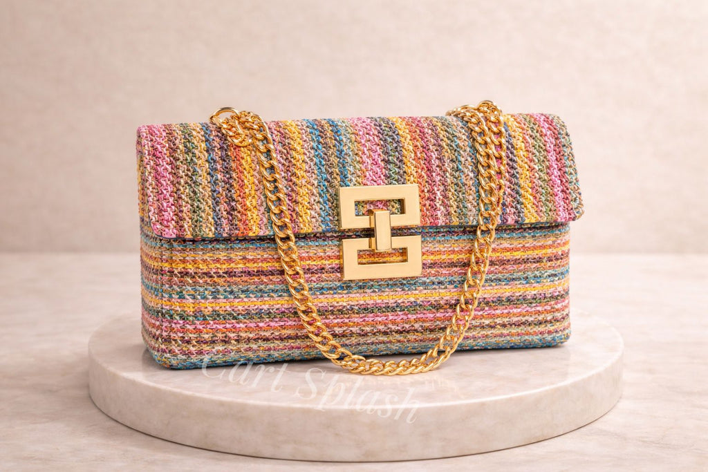 Fashion Trendy Colorful Striped Pattern Shoulder Bag with Multiple Compartments Bohemian-Style Woven Design Chain Strap Classic Square Shape