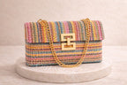 Fashion Trendy Colorful Striped Pattern Shoulder Bag with Multiple Compartments Bohemian-Style Woven Design Chain Strap Classic Square Shape
