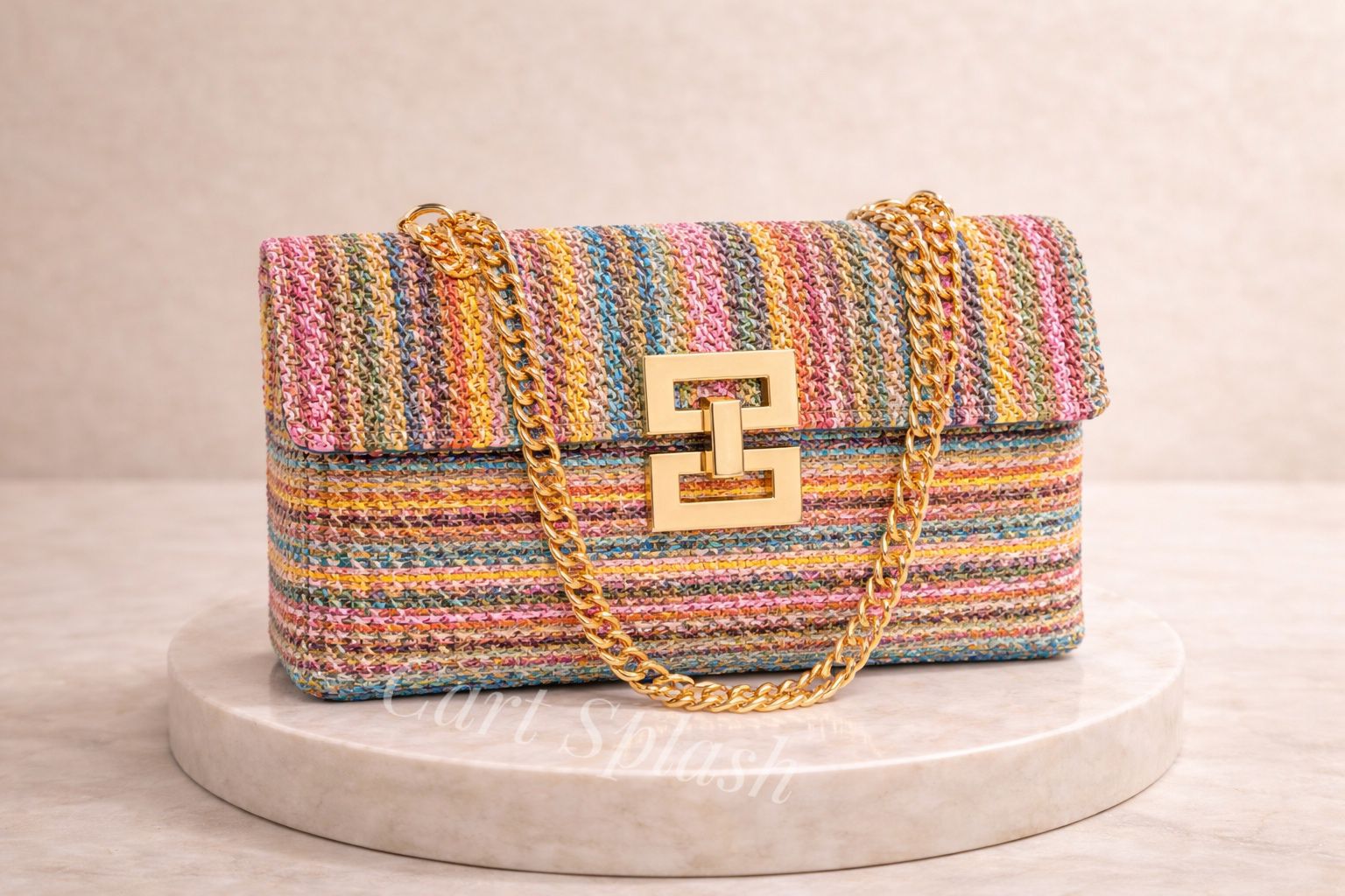 Fashion Trendy Colorful Striped Pattern Shoulder Bag with Multiple Compartments Bohemian-Style Woven Design Chain Strap Classic Square Shape