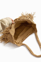 Minimalist Fringe Tote Bag for Women, Woven Beach Bag for Vacation Travel, Shoulder Carry Handbag