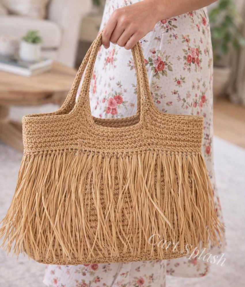 Minimalist Fringe Tote Bag for Women, Woven Beach Bag for Vacation Travel, Shoulder Carry Handbag