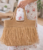 Minimalist Fringe Tote Bag for Women, Woven Beach Bag for Vacation Travel, Shoulder Carry Handbag