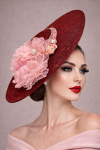 Luxury Burgundy Fascinator Hat with Blush Pink Flowers