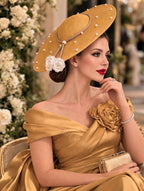 Elegant Gold Pearl Wide-Brim Fascinator Hat – Luxury fascinator for weddings, raceday, church, special occasions.