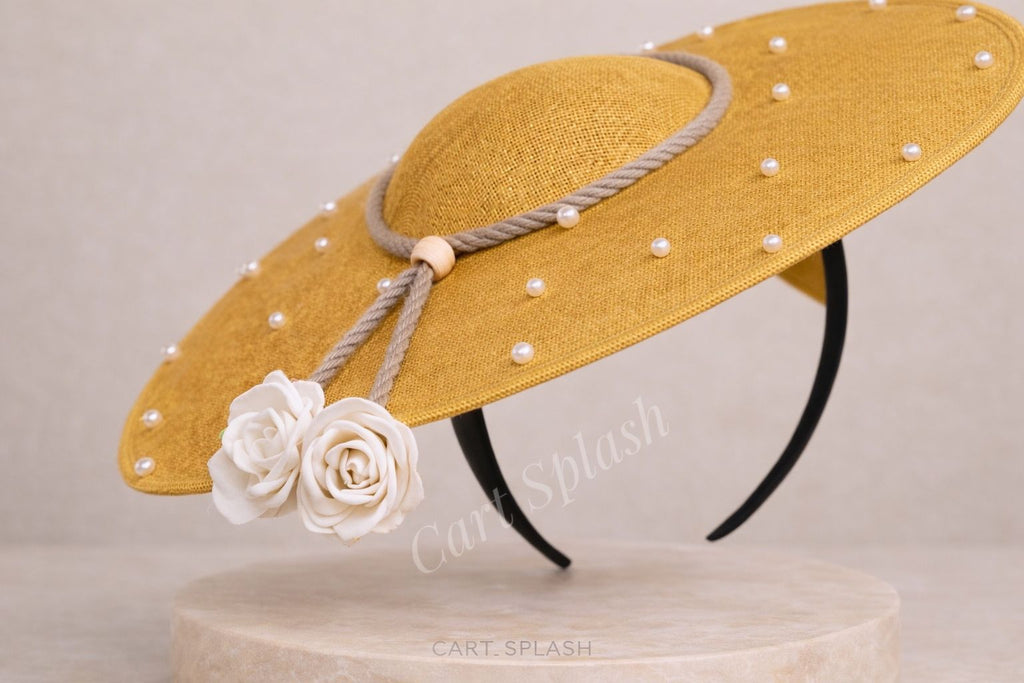 Elegant Gold Pearl Wide-Brim Fascinator Hat – Luxury fascinator for weddings, raceday, church, special occasions.