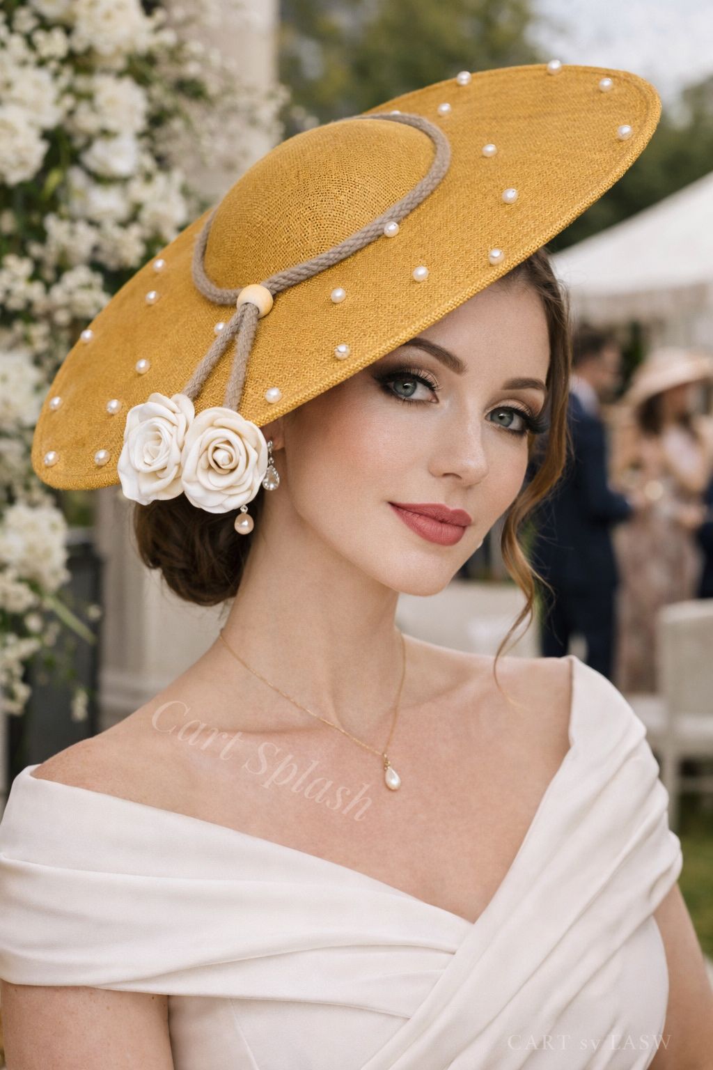 Elegant Gold Pearl Wide-Brim Fascinator Hat – Luxury fascinator for weddings, raceday, church, special occasions.